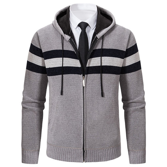 Herren Gestrickte Kapuzen-Strickjacke mit Kontraststreifen und Reißverschluss Nord Taschen