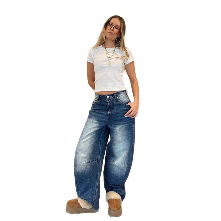 Damen weite Baggy-Jeans mit tiefer Schrittnaht, markanten Knieabnähern und verstärktem Five‑Pocket‑Schnitt Nord Taschen
