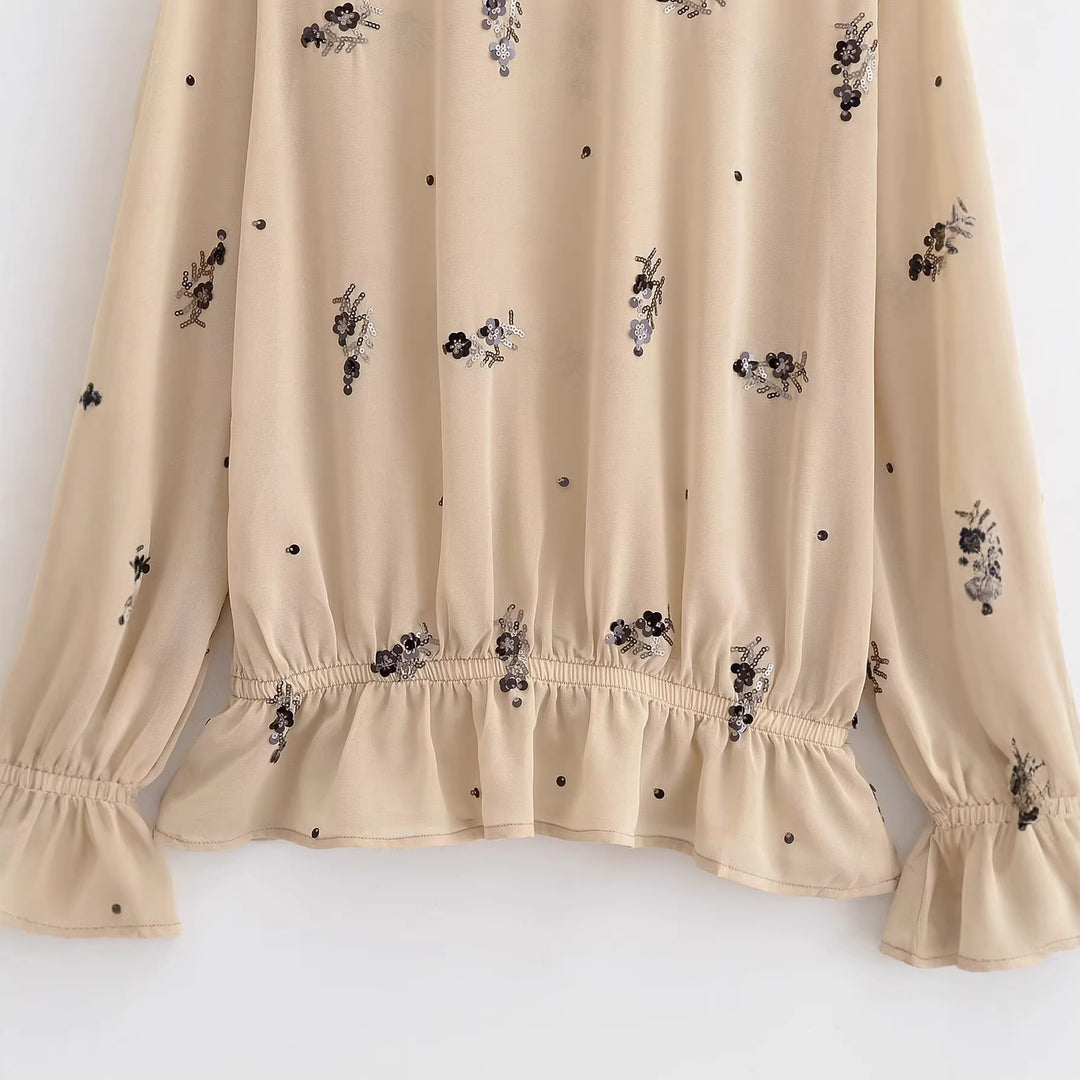 Damen Chiffonbluse mit floraler Pailletten-Stickerei, Stehkragen und geraffter Taillenpasse Nord Taschen