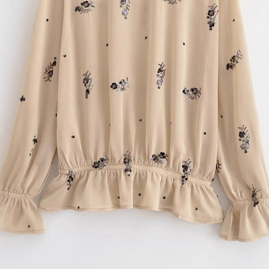 Damen Chiffonbluse mit floraler Pailletten-Stickerei, Stehkragen und geraffter Taillenpasse Nord Taschen