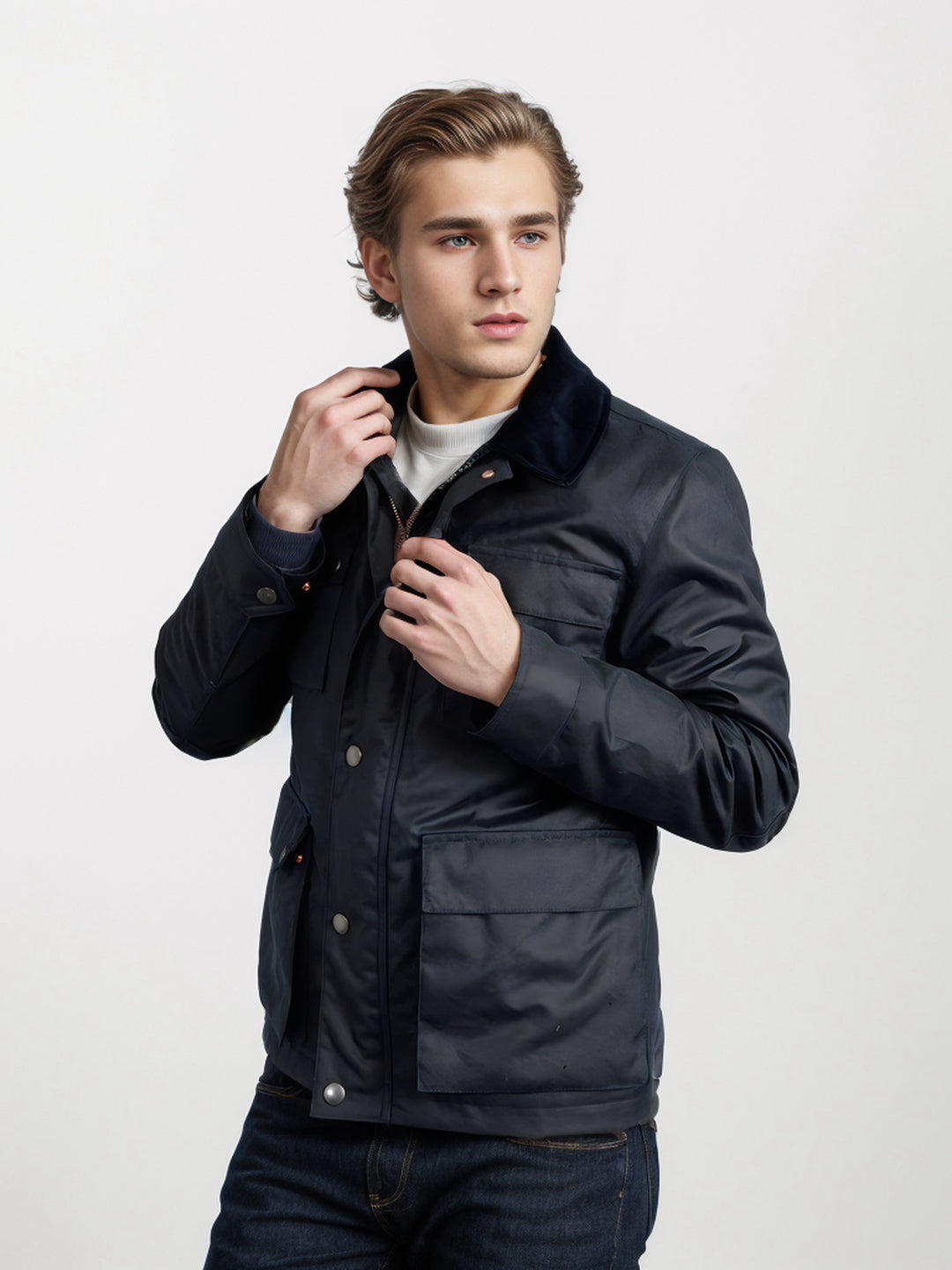 Herren Wachsjacke im Field-Stil mit Cordkragen und Mehrfachtaschen Nord Taschen