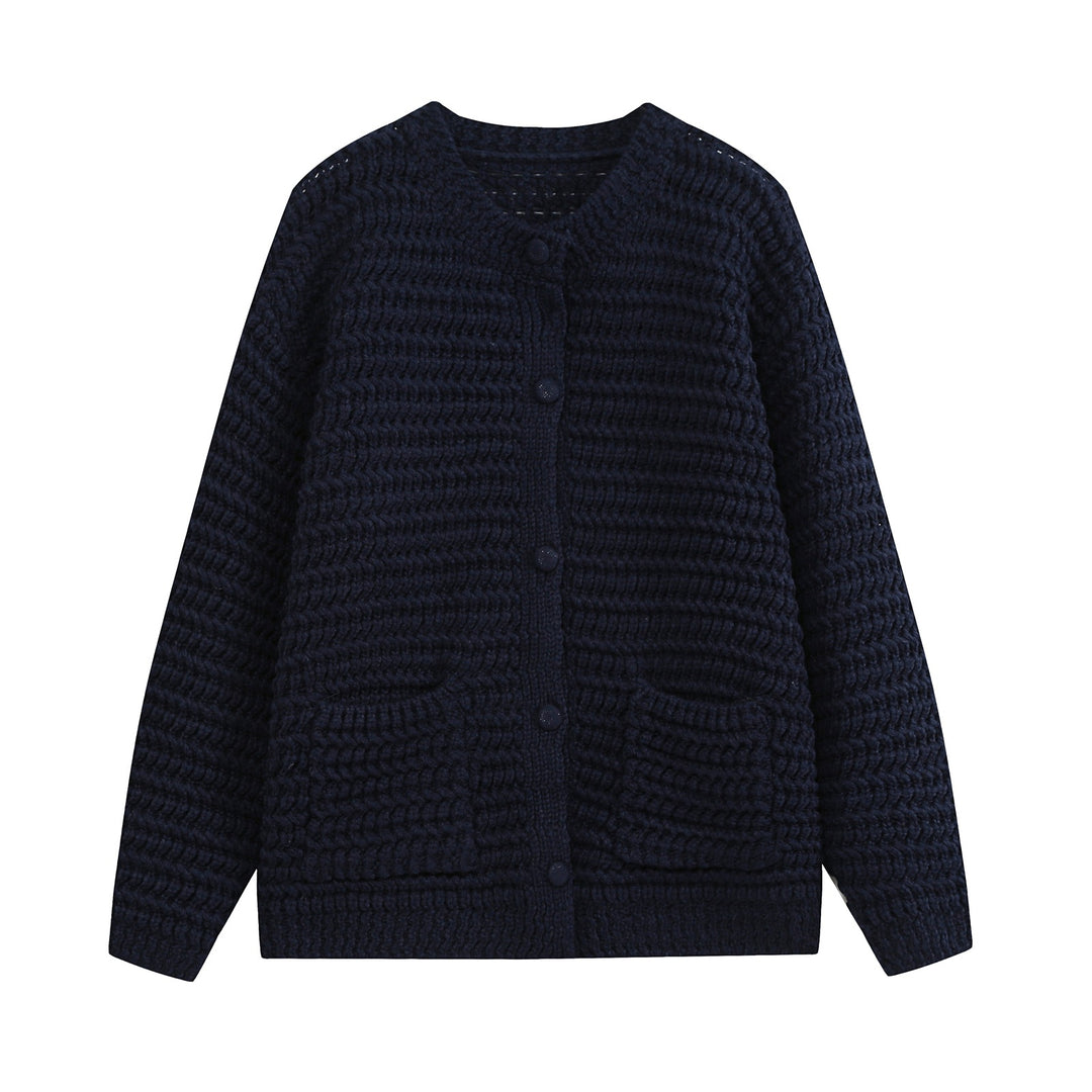 Damen Grobstrukturierter Häkel-Cardigan mit stoffbezogenen Knöpfen und aufgesetzten Taschen Nord Taschen