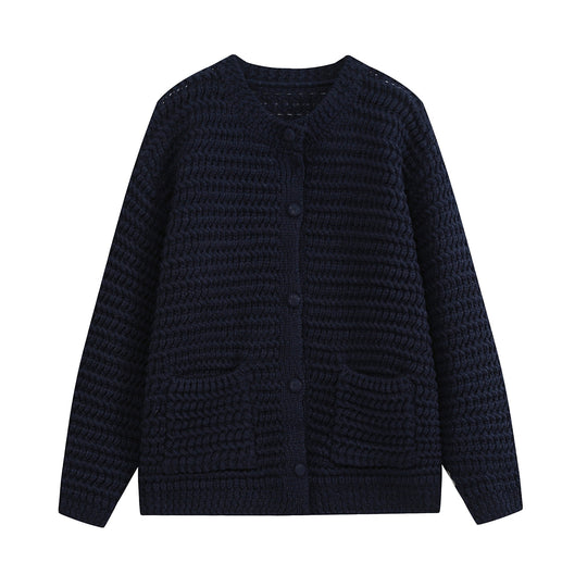 Damen Grobstrukturierter Häkel-Cardigan mit stoffbezogenen Knöpfen und aufgesetzten Taschen Nord Taschen
