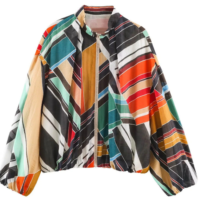 Damen Gestreifte Cropped Blousonjacke mit Stehkragen, Reißverschluss und Ballonärmeln Nord Taschen