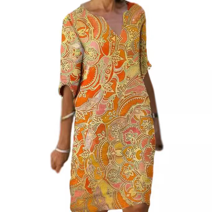 Damen Freizeitleichtkleid mit elegantem V-Ausschnitt und buntem Muster