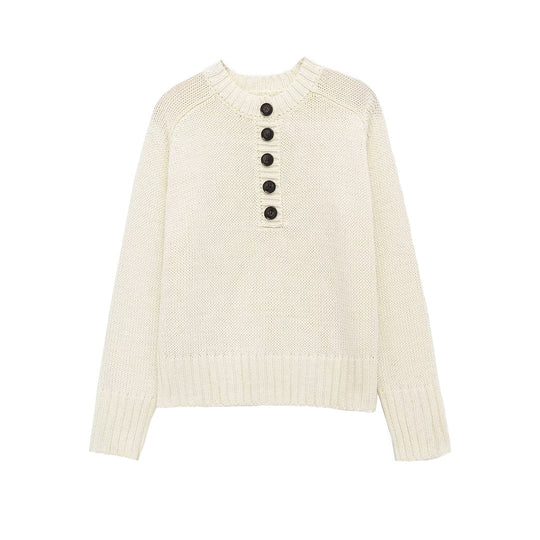 Damen Grobstrick Henley-Pullover mit Holzknöpfen und Rippbündchen Nord Taschen