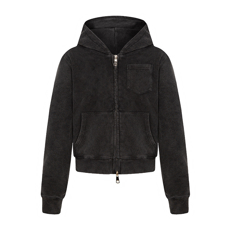 Damen Kurz geschnittene Kapuzen-Zipjacke aus garment-dyed Baumwollfleece mit Brusttasche Nord Taschen