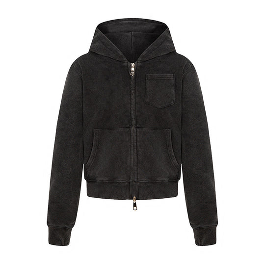Damen Kurz geschnittene Kapuzen-Zipjacke aus garment-dyed Baumwollfleece mit Brusttasche Nord Taschen