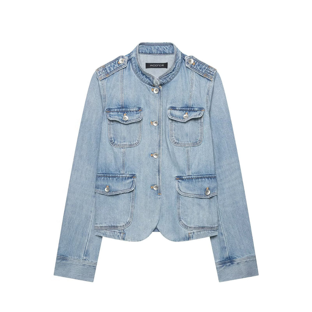 Damen Boxy-Denimjacke im Safari‑Look mit Stehkragen und vier aufgesetzten Taschen Nord Taschen
