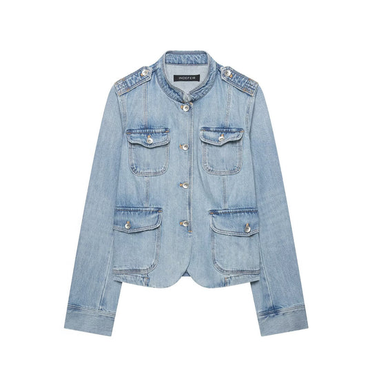 Damen Boxy-Denimjacke im Safari‑Look mit Stehkragen und vier aufgesetzten Taschen Nord Taschen