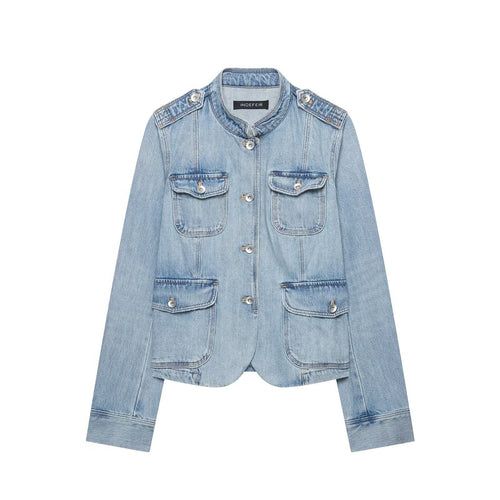 Damen Boxy-Denimjacke im Safari‑Look mit Stehkragen und vier aufgesetzten Taschen Nord Taschen