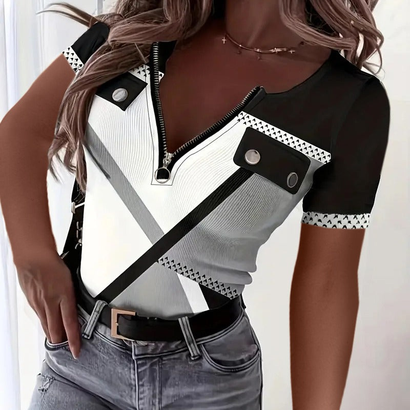 Damen Kurzarm Oberteil mit Reißverschluss und geometrischem Design Nord Taschen