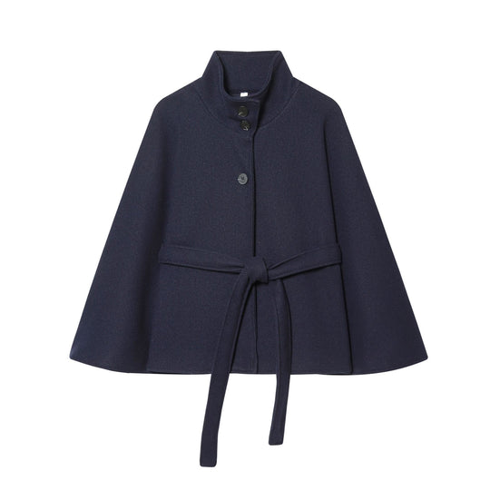 Damen Kurzes Cape-Mantel mit Stehkragen, Knopfleiste und Bindegürtel Nord Taschen