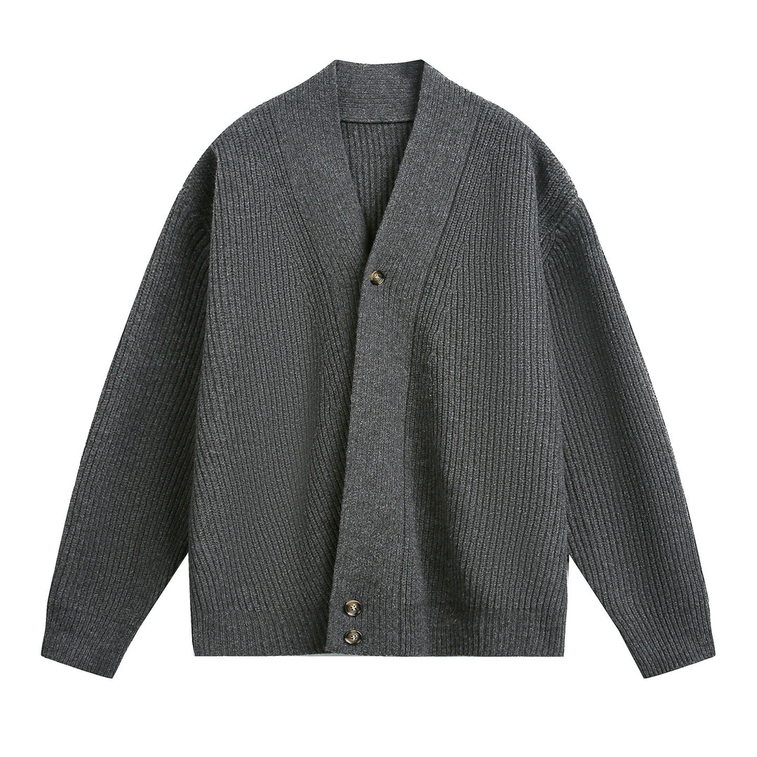 Unisex Oversize-Grobstrick-Cardigan mit Schalkragen, Rippenstruktur und asymmetrischer Knopfleiste Nord Taschen