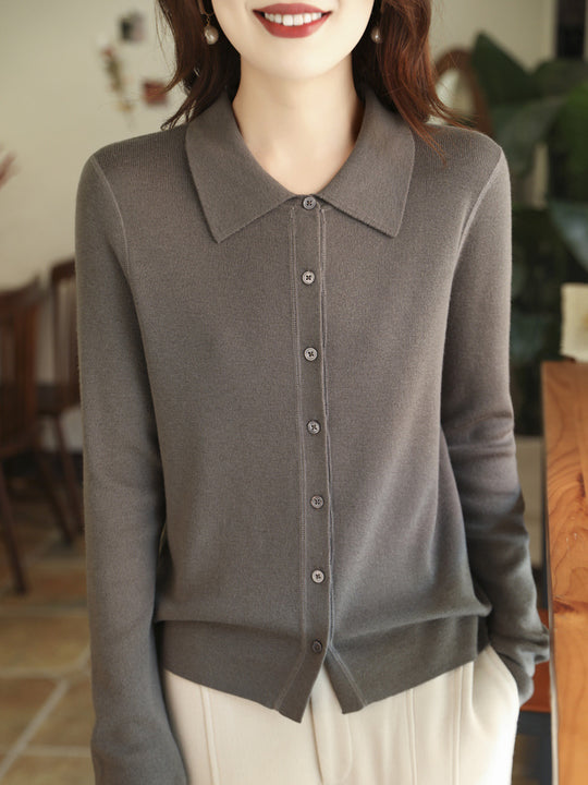 Damen Leichter Feinstrick-Cardigan mit Polokragen und durchgehender Knopfleiste Nord Taschen