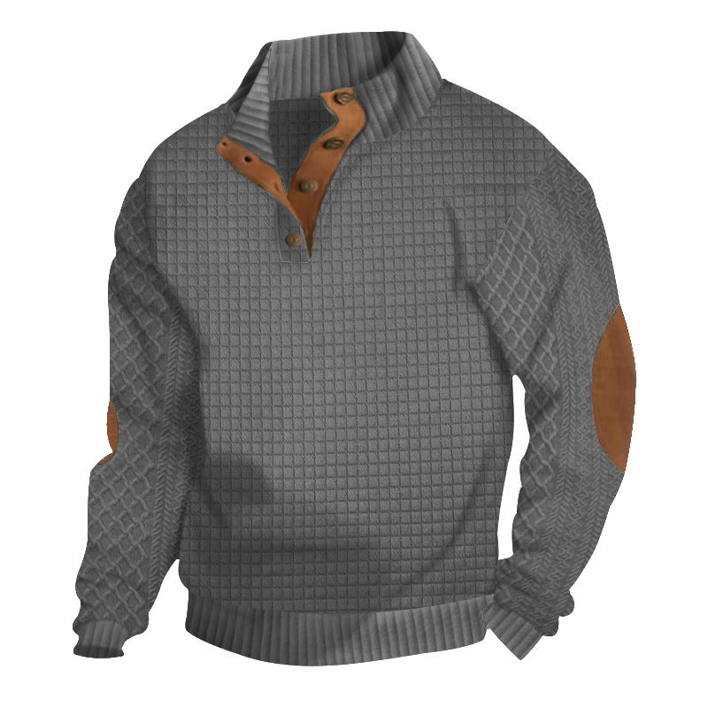 Herren Waffelstrick-Halbzip-Pullover mit Stehkragen Lederbesatz und Ellbogenpatches Nord Taschen