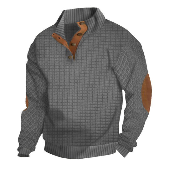 Herren Waffelstrick-Halbzip-Pullover mit Stehkragen Lederbesatz und Ellbogenpatches Nord Taschen