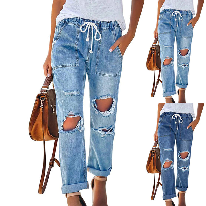 Damen lässige Destroyed-Denim-Jogger mit elastischem Kordelbund und aufgesetzten Fronttaschen Nord Taschen