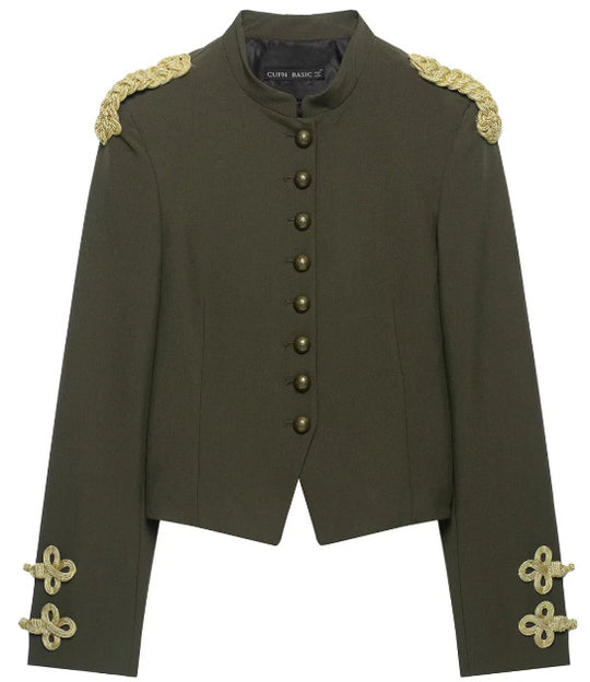 Damen Taillierter Cropped Militärblazer mit Stehkragen und goldverzierten Epauletten Nord Taschen