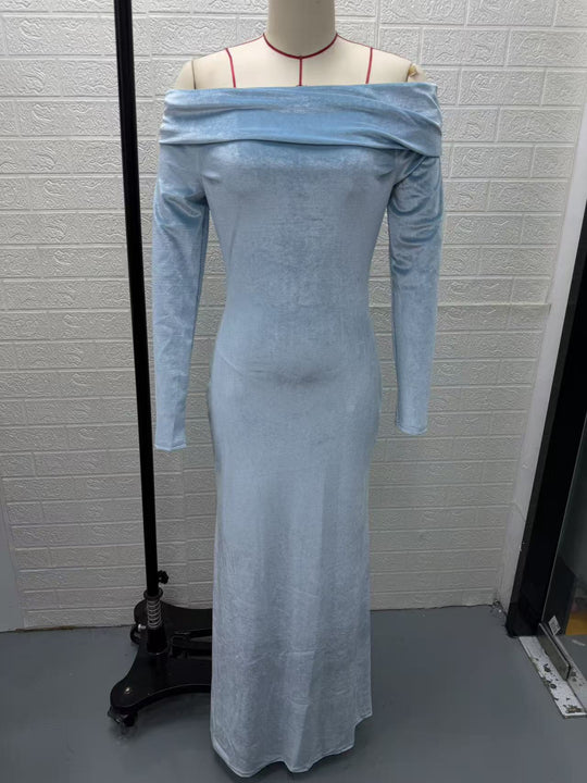 Damen Langes Samtabendkleid mit Carmenausschnitt und tiefem Rückenausschnitt Nord Taschen