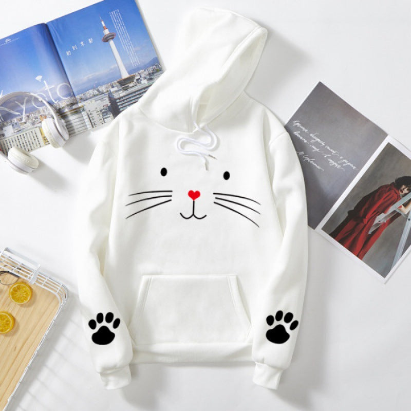 Damen nan Kapuzenpullover mit gedrucktem Katzenmotiv, Kängurutasche und Pfotenapplikationen Nord Taschen