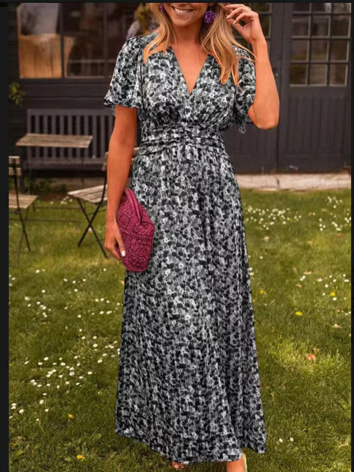 Damen Maxikleid mit floraler Raffung und V-Ausschnitt