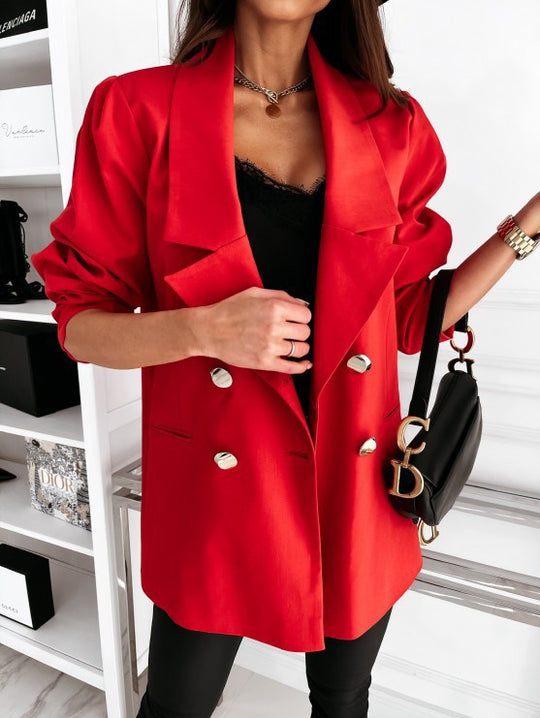 Damen Oversize-Blazer doppelreihig mit gerafften Ärmeln, Notch-Revers und goldfarbenen Zierknöpfen Nord Taschen