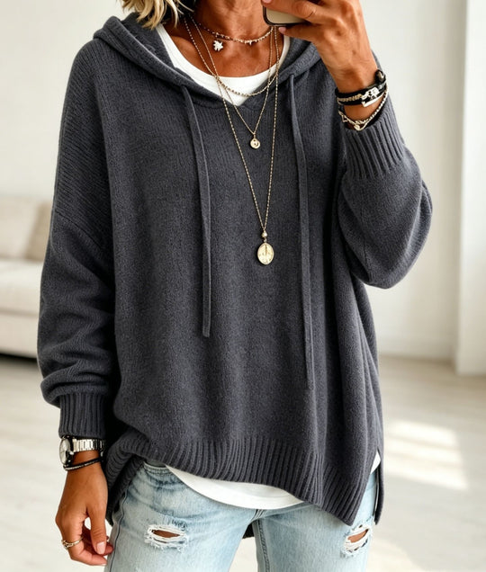 Damen Oversize-Kapuzensweater aus feinem Strick mit gerippten Bündchen Nord Taschen