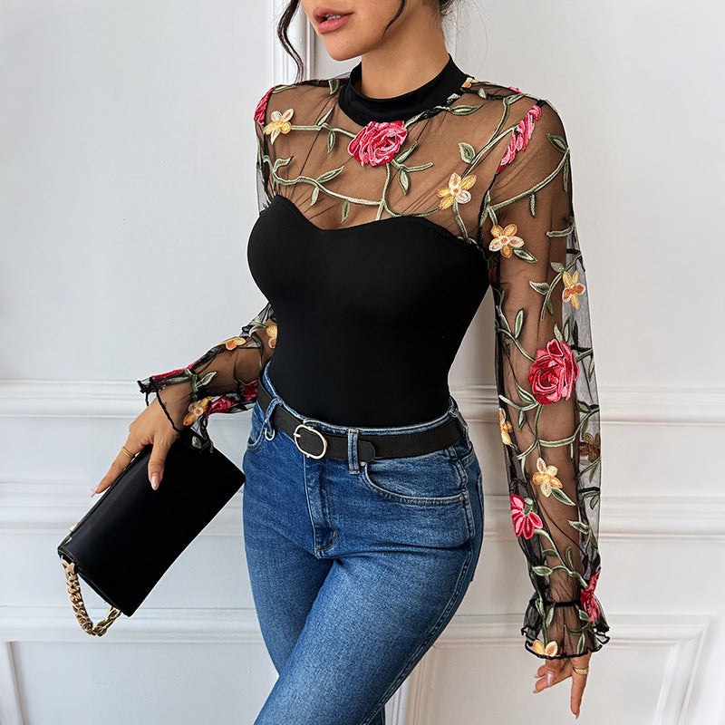 Damen Transparenter Mesh-Body mit floraler Stickerei, Stehkragen und Bustier-Optik Nord Taschen