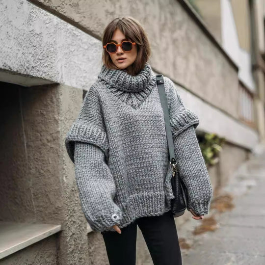 Damen Oversize Grobstrickpullover mit hohem Rollkragen Nord Taschen