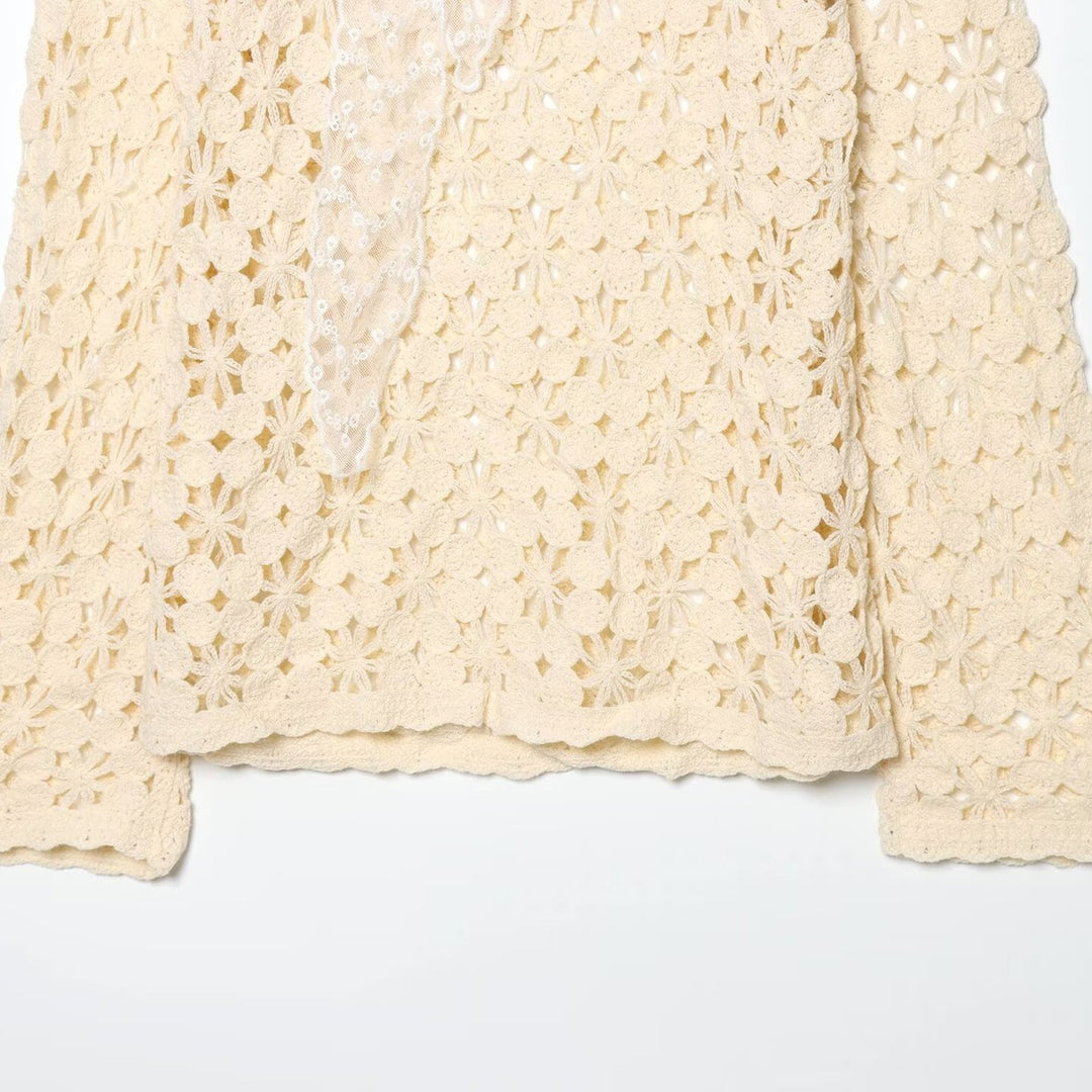 Damen gehäkelter Floralpullover mit Rundhalsausschnitt und Ajourmuster Nord Taschen