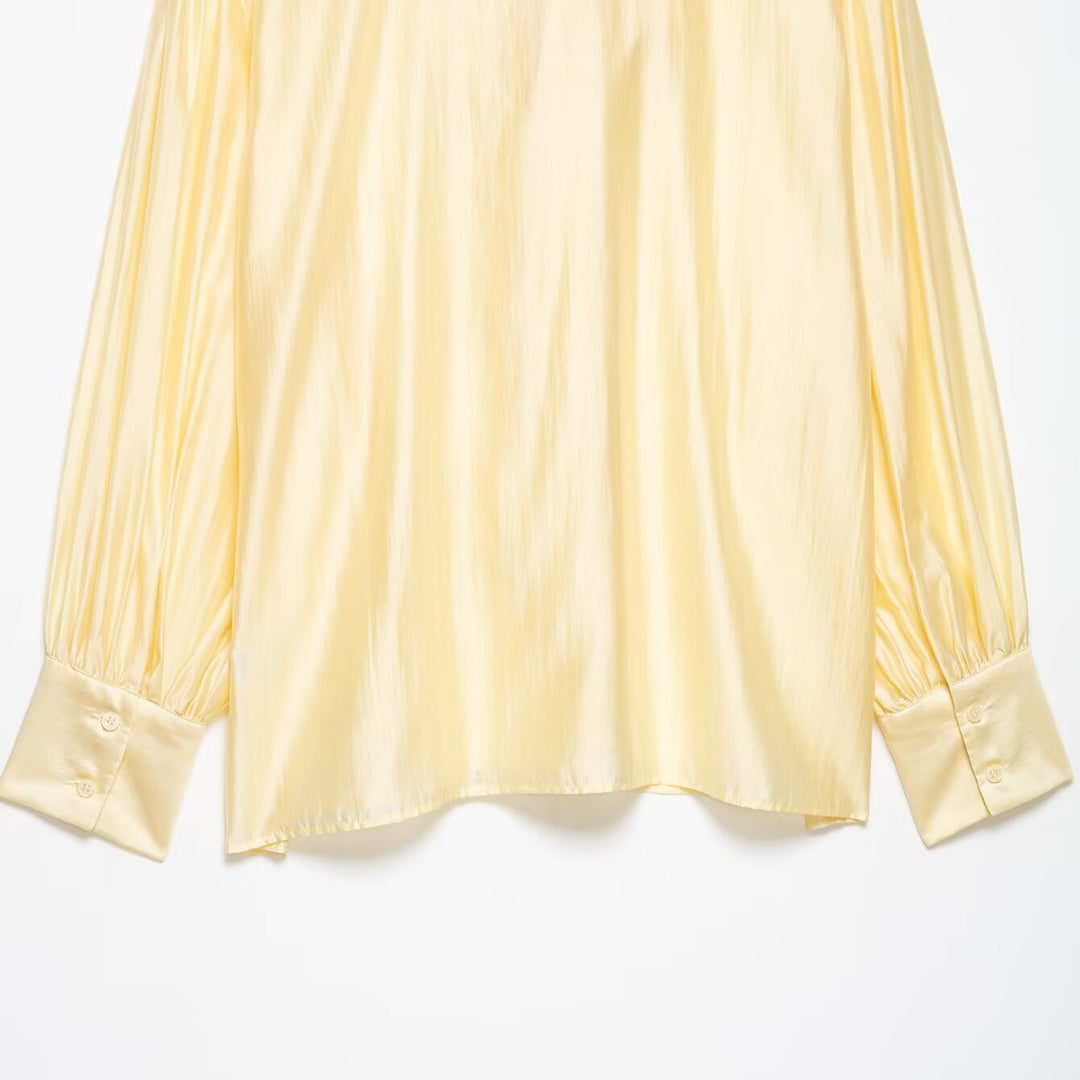 Damen Seidige Bluse mit Schleifenkragen und Ballonärmeln Nord Taschen