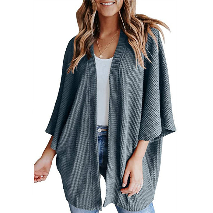Damen Waffelstrick Offener Kimono-Cardigan mit Fledermausärmeln Nord Taschen
