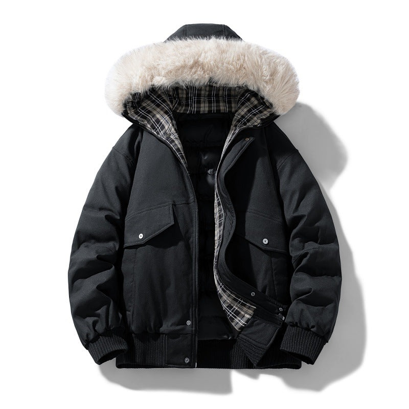 Herren Wattierte Winterjacke mit Kunstpelz-Kapuze, gestepptem kariertem Innenfutter und Bomberbündchen Nord Taschen
