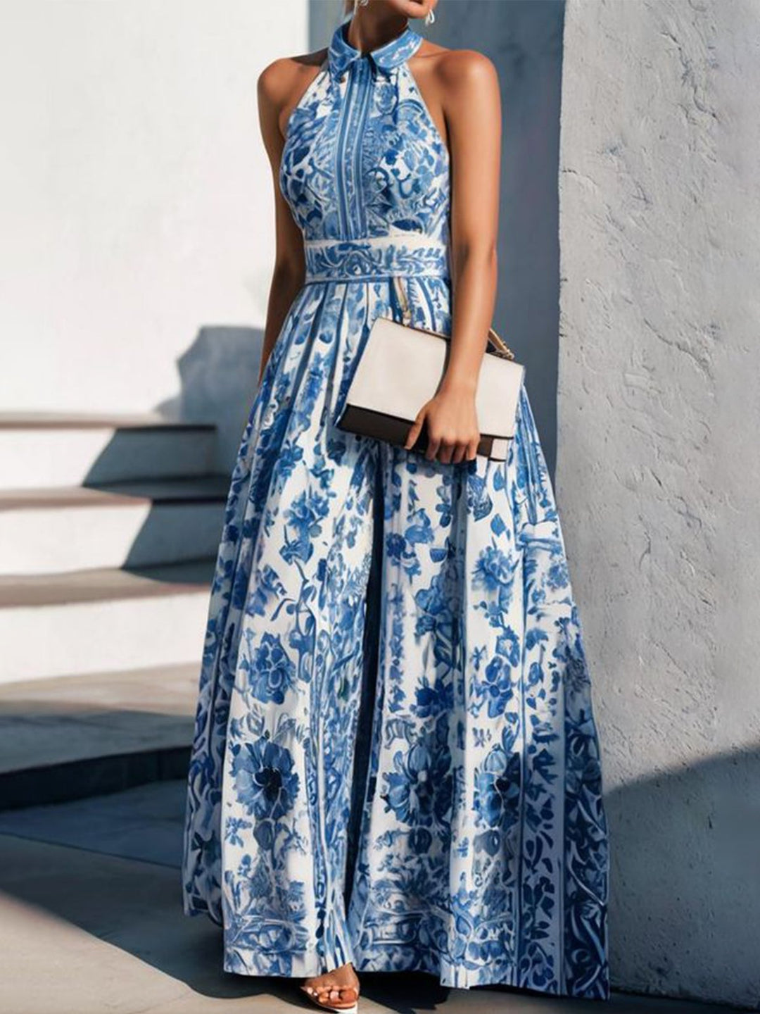 Damen Maxikleid mit floralem Kragen und ausgestelltem Rock