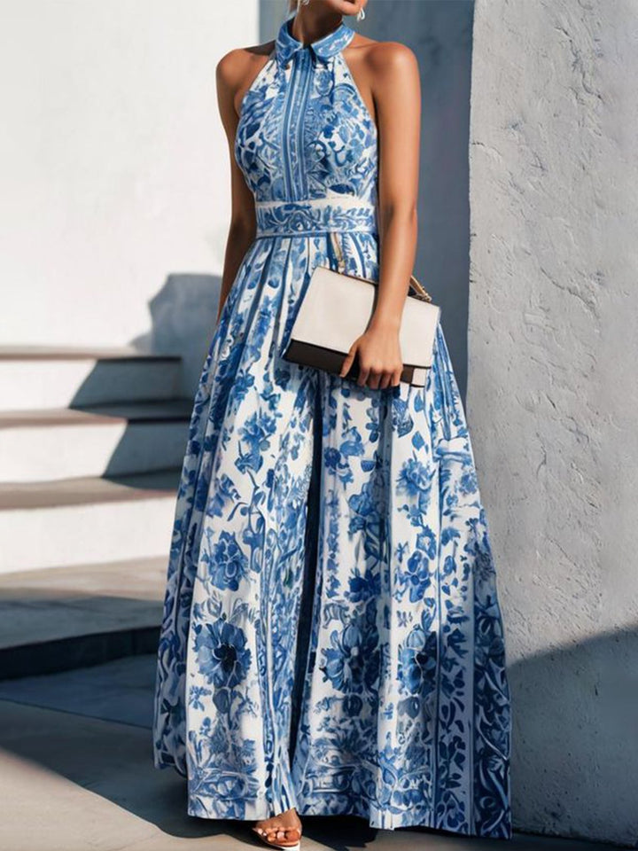 Damen Maxikleid mit floralem Kragen und ausgestelltem Rock