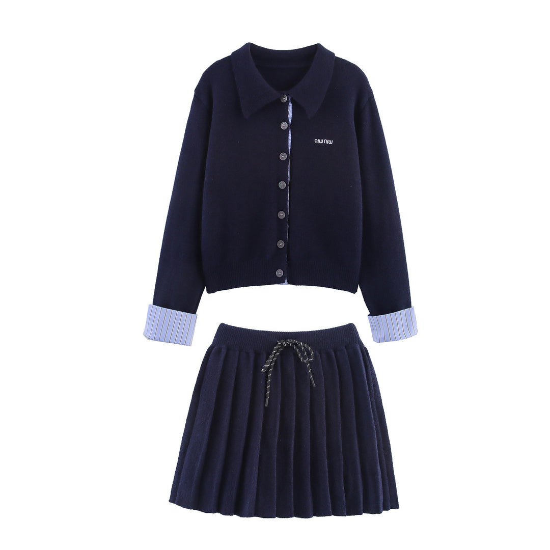 Damen Zweiteiliges Feinstrick-Set mit Hemdkragen-Cardigan und plissiertem Rock Nord Taschen