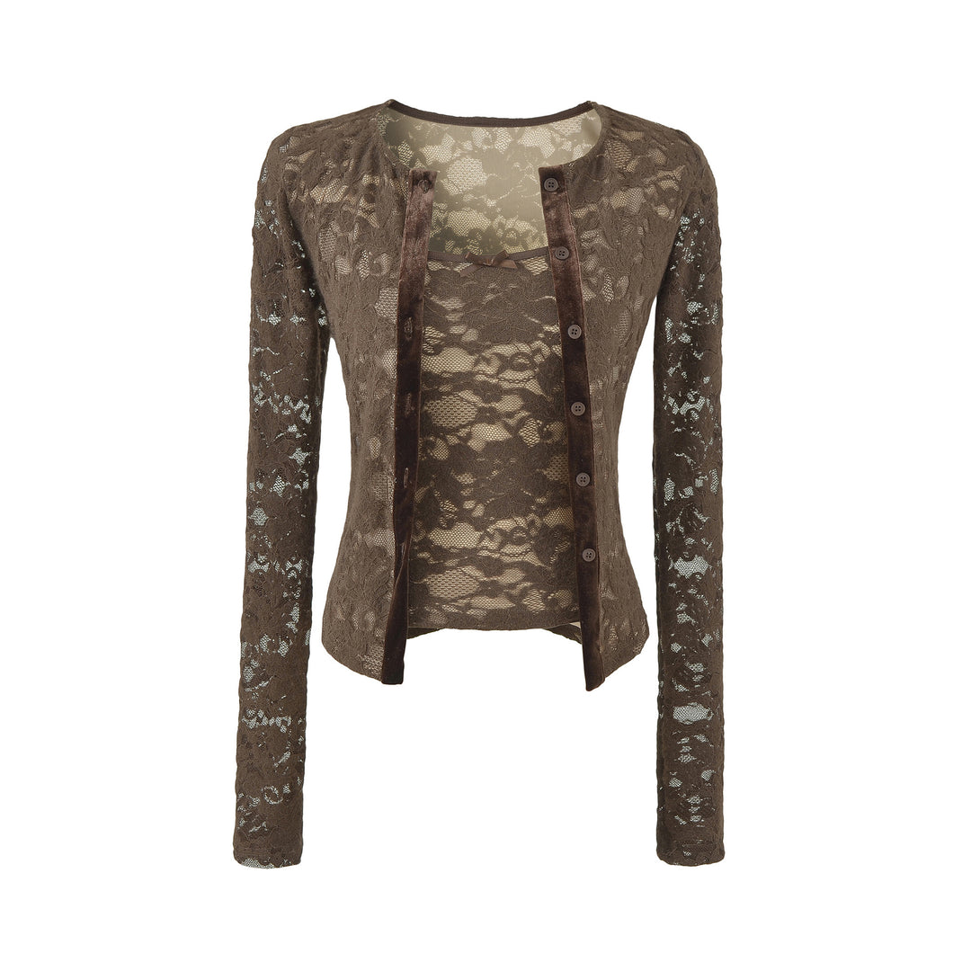 Damen Feiner Spitzen-Cardigan mit passendem Untertop und Samtbesatz Nord Taschen