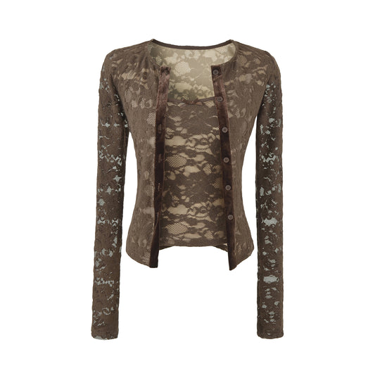 Damen Feiner Spitzen-Cardigan mit passendem Untertop und Samtbesatz Nord Taschen