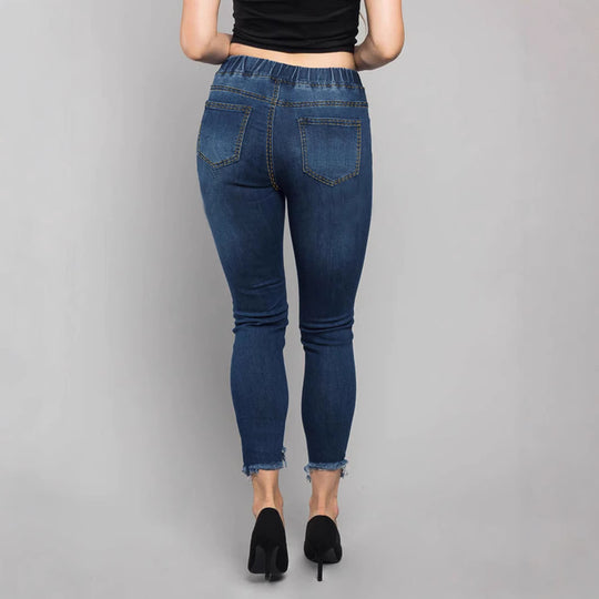 Damen Hochtaillierte Destroyed-Jogger-Jeans mit elastischem Tunnelzugbund und gekürztem Fransen-Saum Nord Taschen