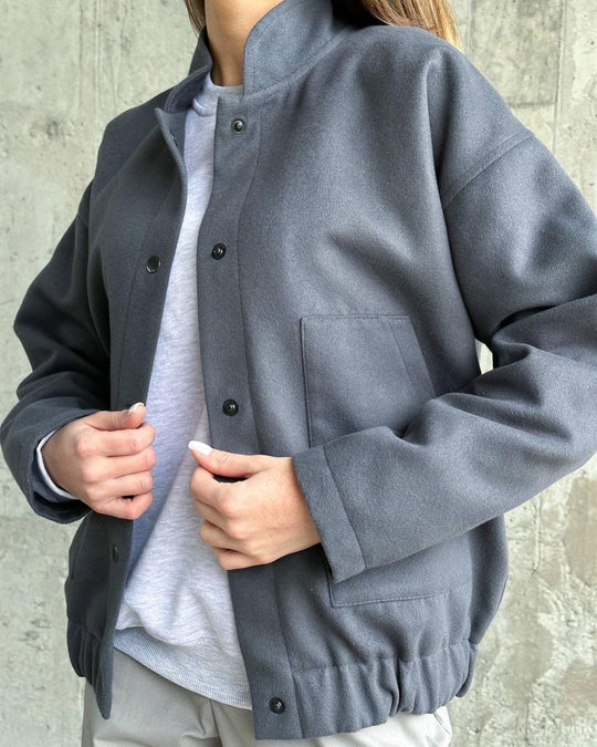 Damen Kurz geschnittene Bomberjacke aus Wollmix mit Druckknopfverschluss und elastischem Saum Nord Taschen