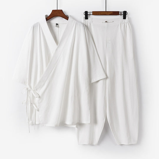 Unisex Leichtes Wickel-Lounge-Set im Kimono-Stil mit seitlichen Bindebändern und elastischer konisch zulaufender Hose Nord Taschen