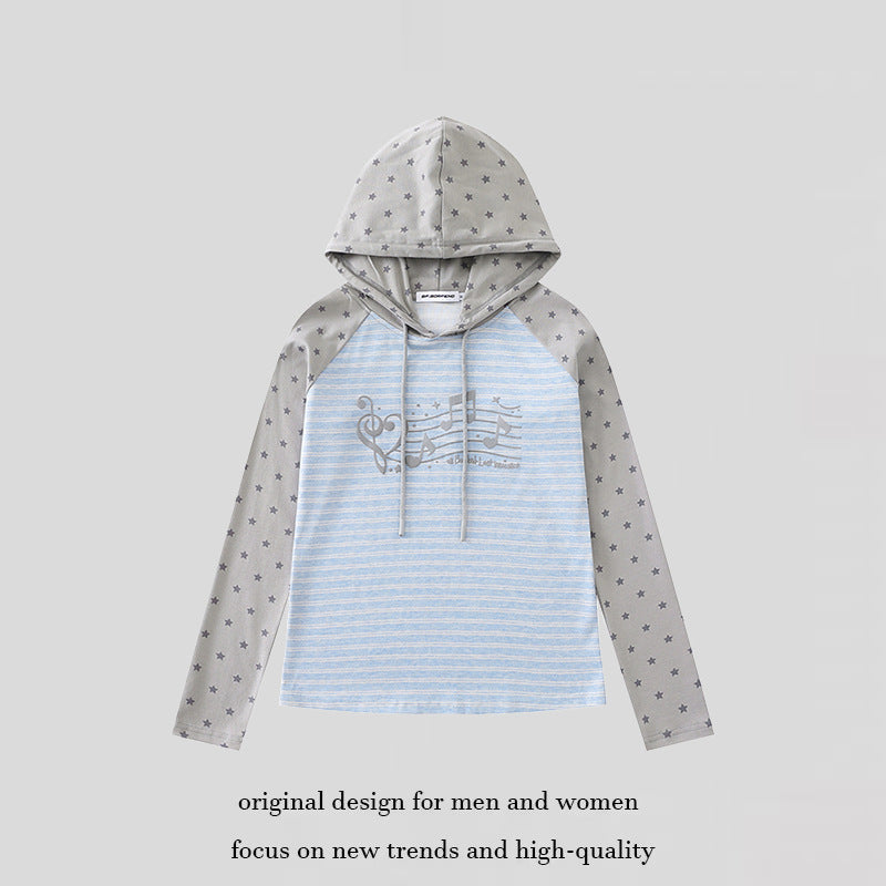 Damen Kapuzen-Langarmshirt im Raglanstil mit Sternärmeln und Noten-Print Nord Taschen
