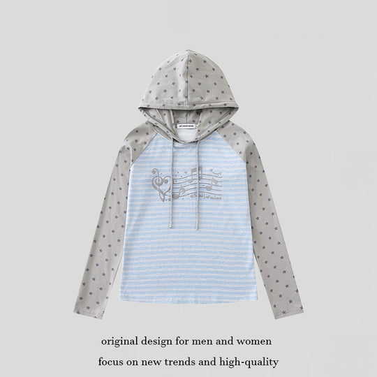 Damen Kapuzen-Langarmshirt im Raglanstil mit Sternärmeln und Noten-Print Nord Taschen