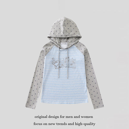 Damen Kapuzen-Langarmshirt im Raglanstil mit Sternärmeln und Noten-Print Nord Taschen