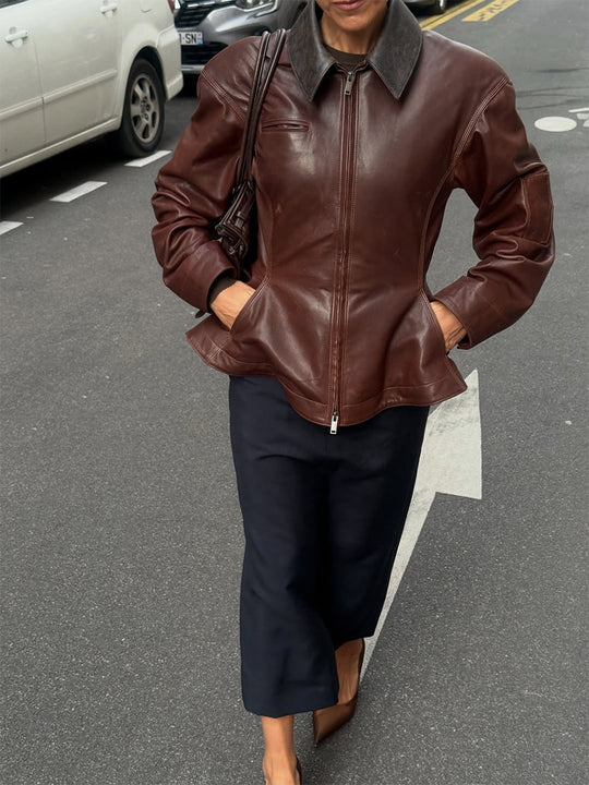 Damen Lederjacke mit tailliertem Schößchen, Reißverschluss & großem Hemdkragen Nord Taschen