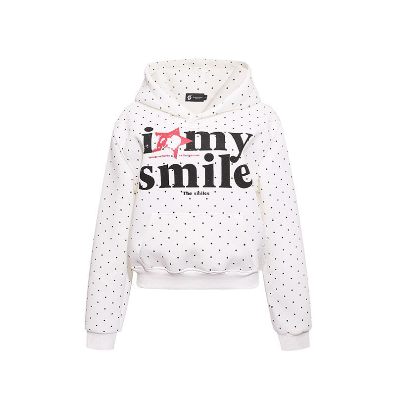 Damen Kapuzen-Sweatshirt mit Punktmuster, Kängurutasche und großflächigem Typo‑Print Nord Taschen