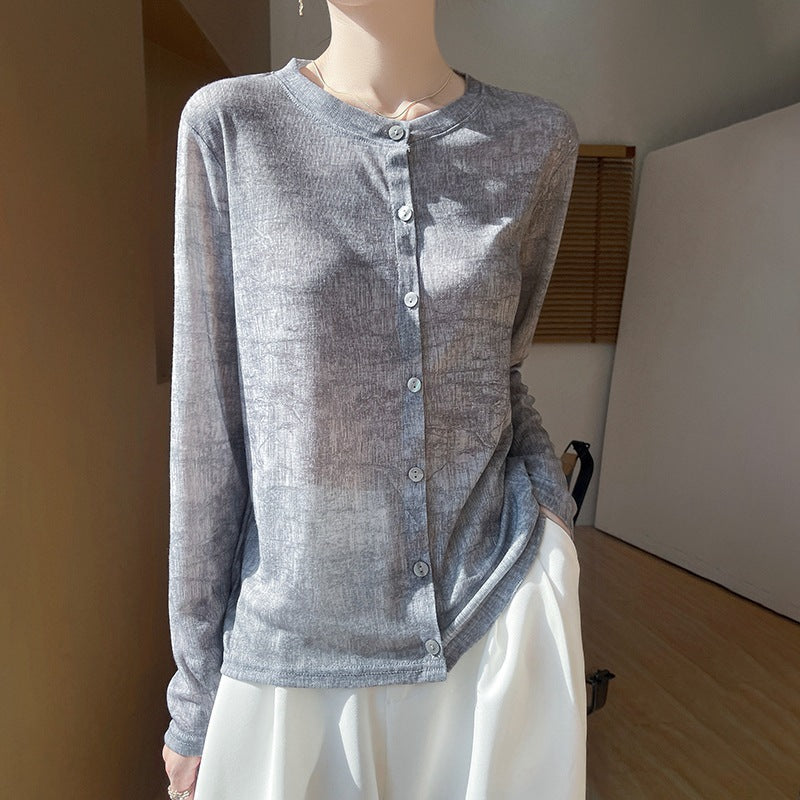 Damen Leichter Aquarell‑Print Feinstrick‑Cardigan mit Rundhalsausschnitt und Knopfleiste Nord Taschen