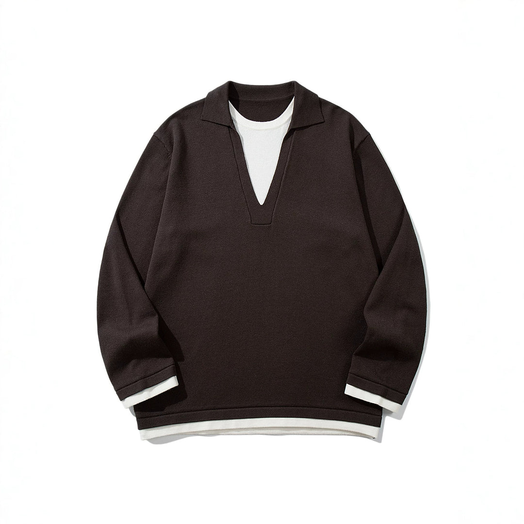Unisex Lässiger Oversize Strickpullover mit tiefem V Einsatz und Hemd‑Layer Optik Nord Taschen
