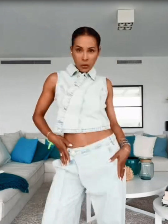 Damen Gekürztes ärmelloses Denim-Set mit taillierter Weste & weiter High-Waist-Hose Nord Taschen